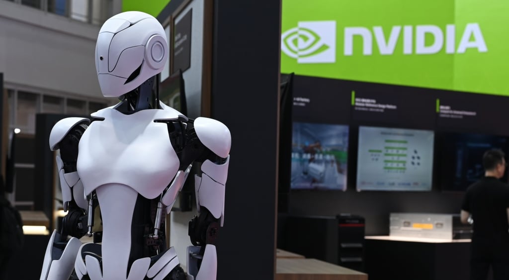 white nvidia sign in lime green background, grey humanoid