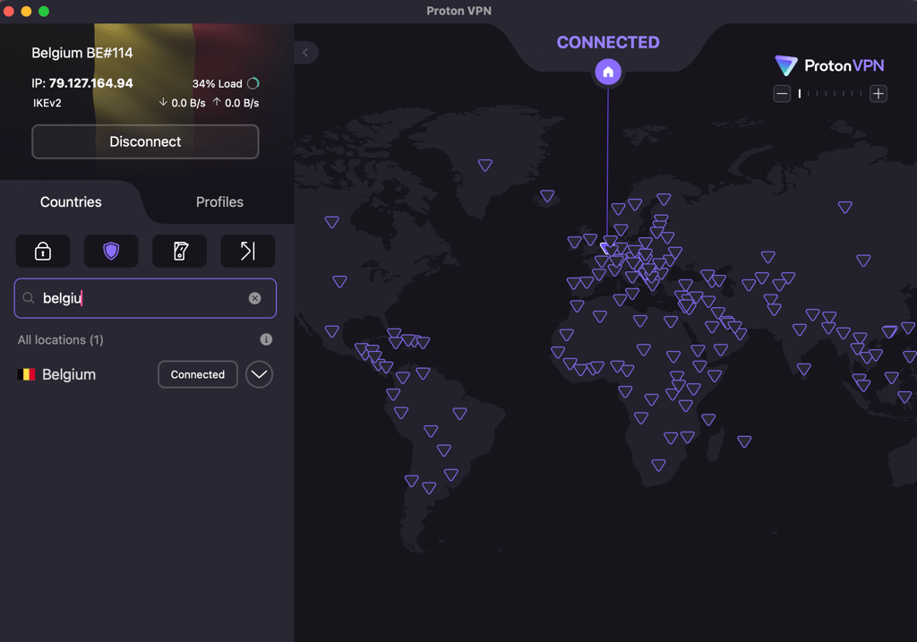 proton vpn connected belgium