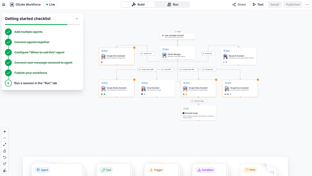 7 AI agents connected in the Workforce Canvas in Relevance AI