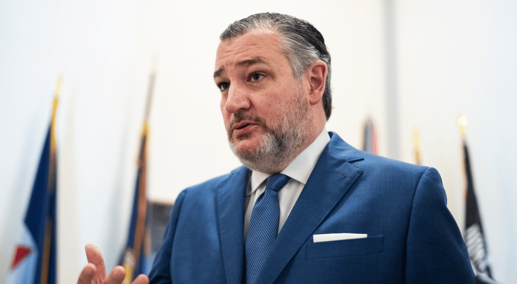 senator ted cruz, grey bear, blue suit, blue tie, white collar shirt, four flags, white wall