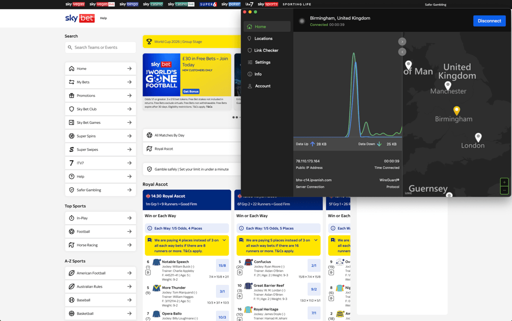 IPVanish unblocking Sky Bet on a Birmingham server