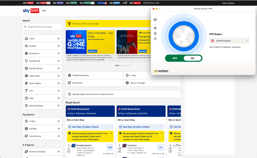 Norton VPN unblocking Sky Bet abroad with UK servers
