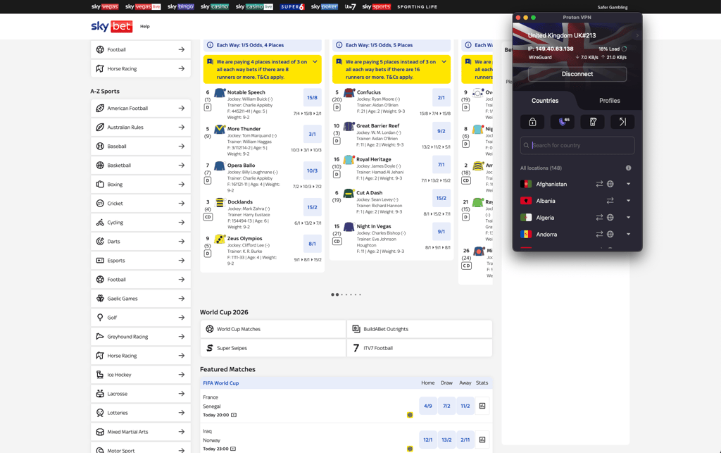 Using Proton VPN to access Sky Bet abroad on UK servers