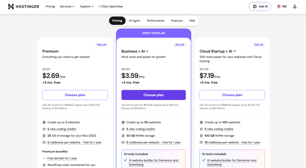 hostinger wordpress plans