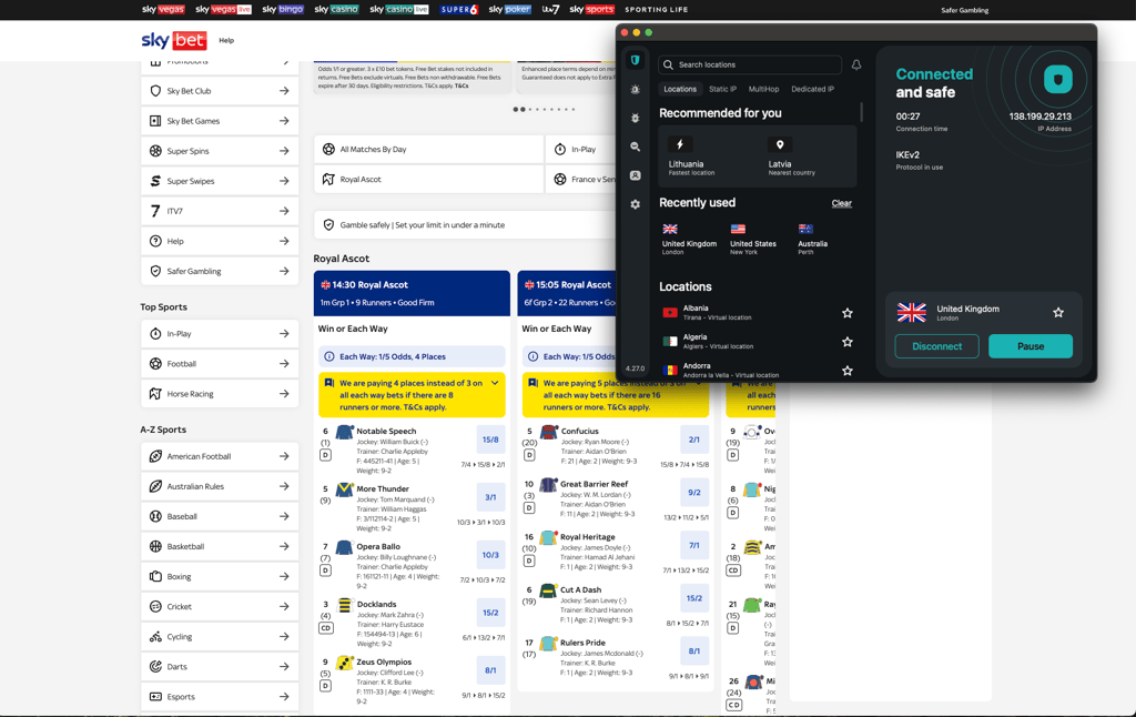 Unblocking Sky Bet using Surfshark on a UK VPN server
