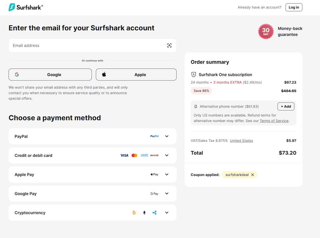 Surfshark payment options