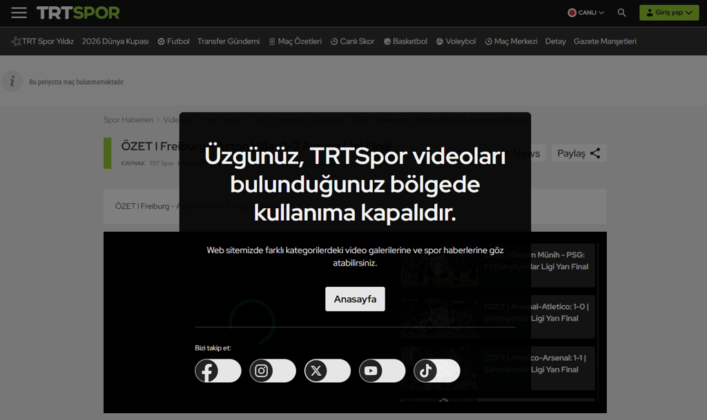 TRT Spor'da canlı maç sırasında çıkan coğrafi engelleme uyarısı