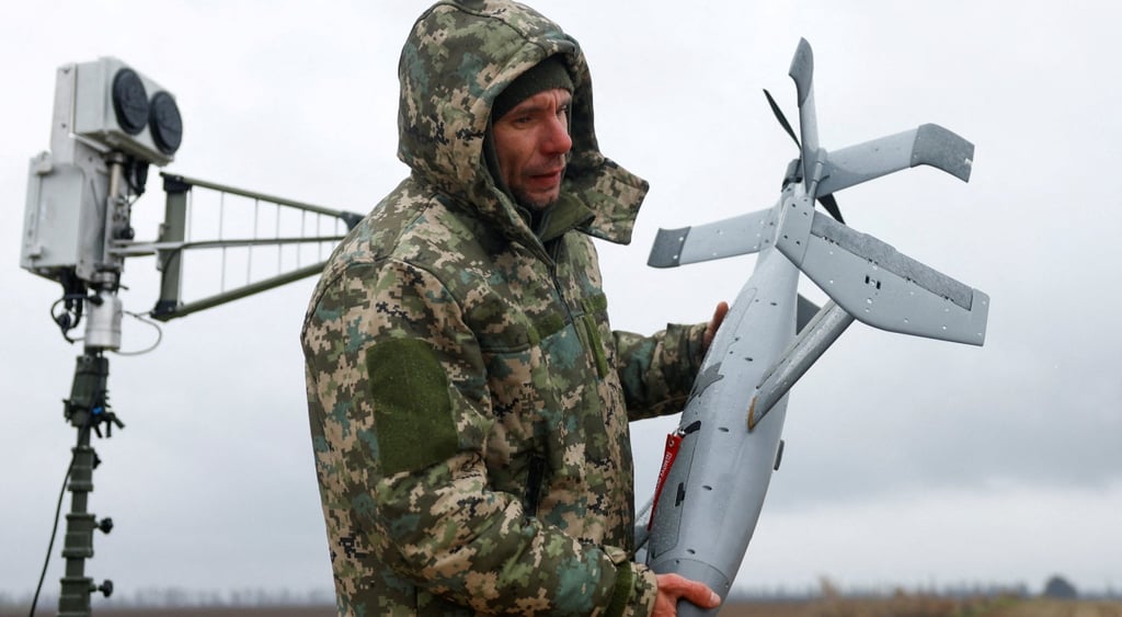 ukrainian army man in uniform, dark grey drone, rocket, grey sky, tired face