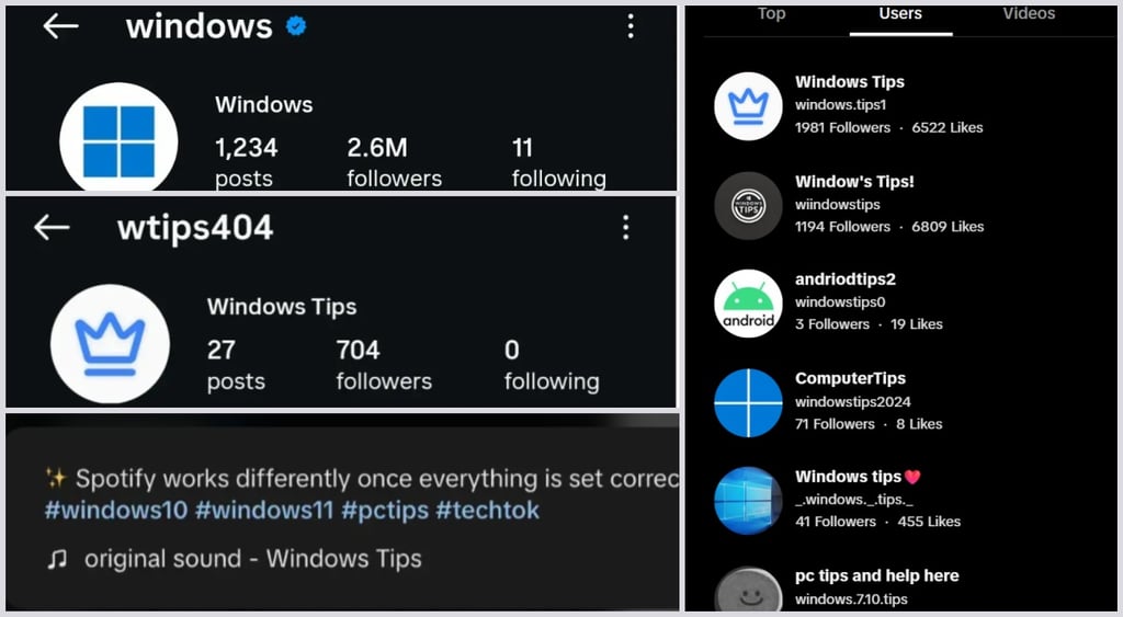 fake windows tips profiles on tiktok