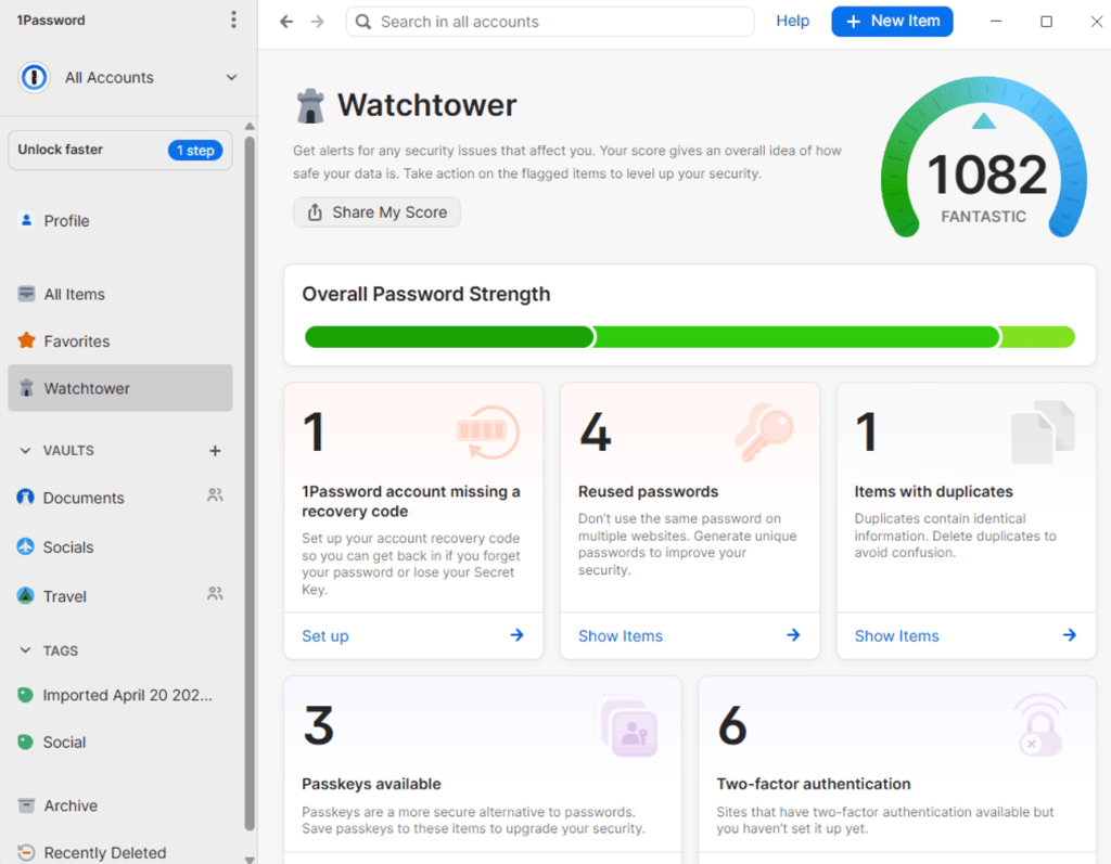 1Password Windows app interface with the Watchtower dashboard