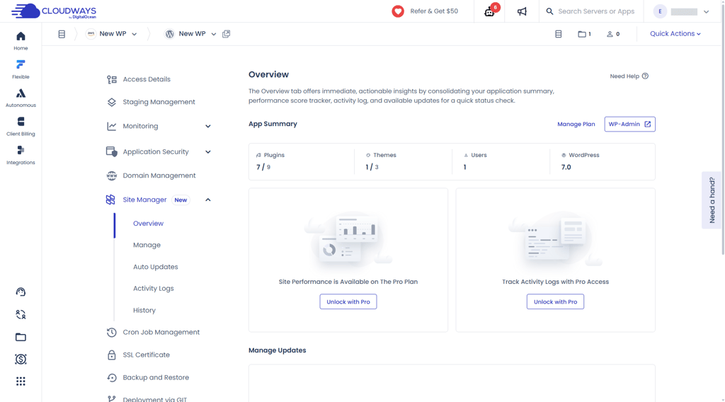 Application overview centralizes site status and management insights