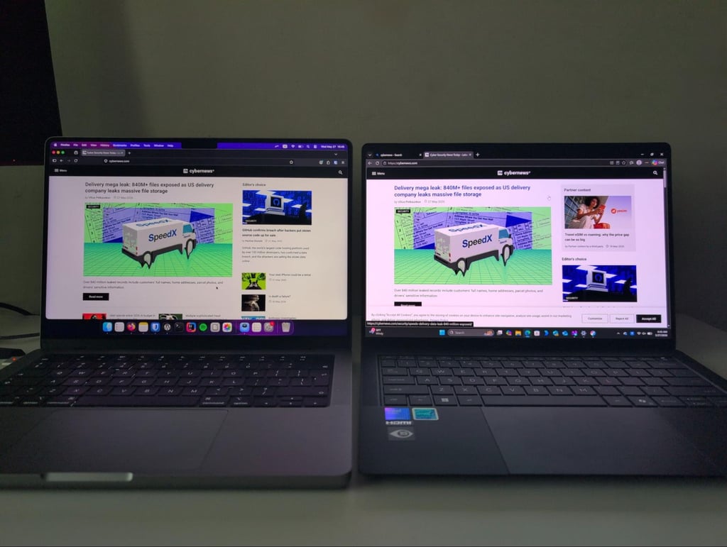 MacBook Pro M2 on the left and ASUS ExpertBook Ultra on the right brightness comparison