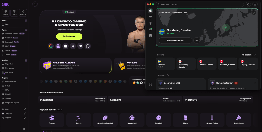 NordVPN unblocking Cloudbet with server in Sweden
