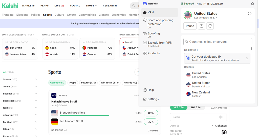 NordVPN works with Kalshi