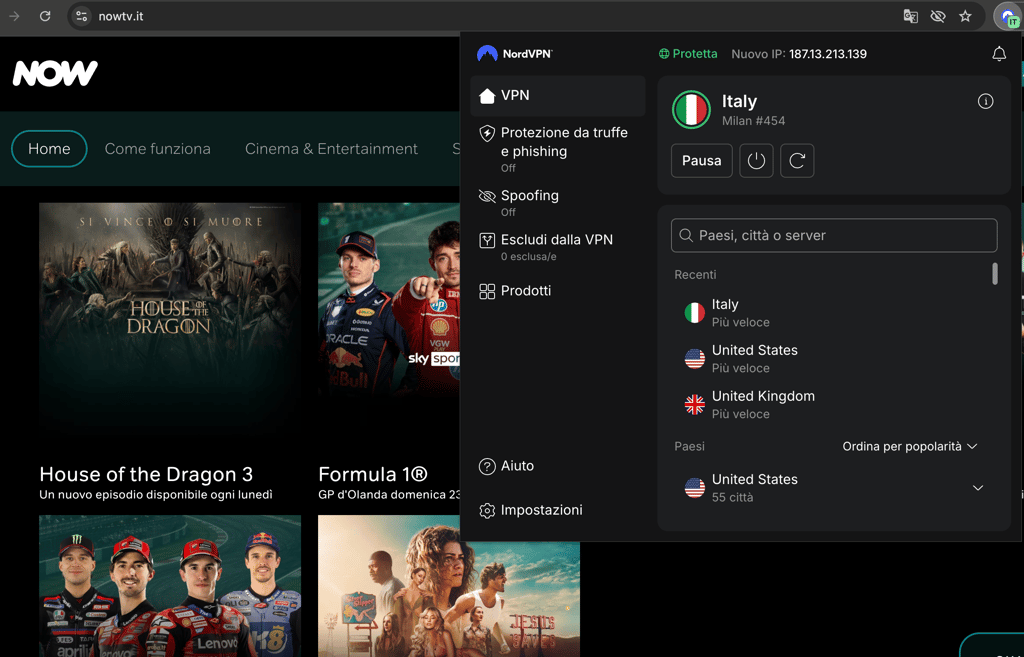 Streaming di NOW TV con una VPN