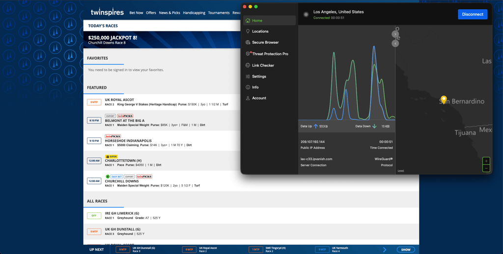 Playing TwinSpires while connected to IPVanish server in Los Angeles