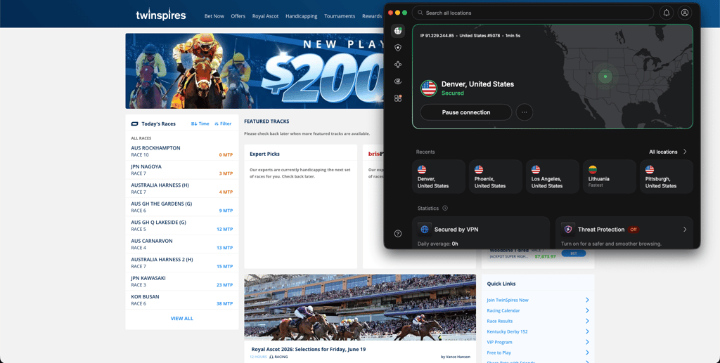 Playing TwinSpires while connected to NordVPN server in Denver