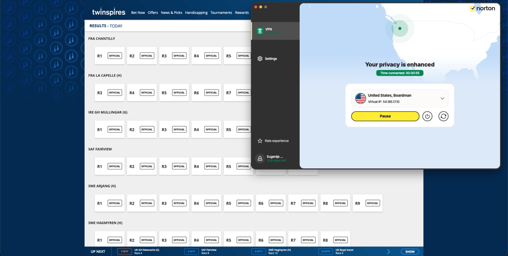 Playing TwinSpires while connected to Norton VPN server in Boardman