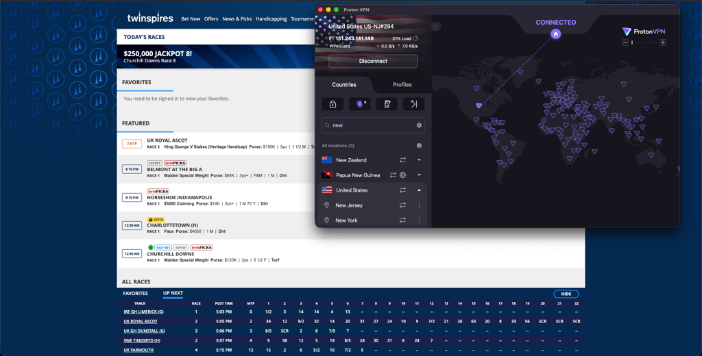 Playing TwinSpires while connected to Proton VPN server in New Jersey