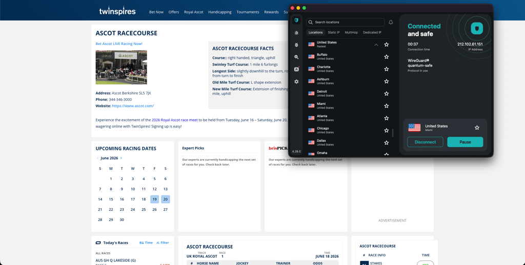 Playing TwinSpires while connected to Surfshark server in Miami