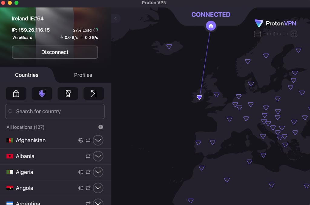 Proton VPN connected to Ireland to access Rule34 in the UK