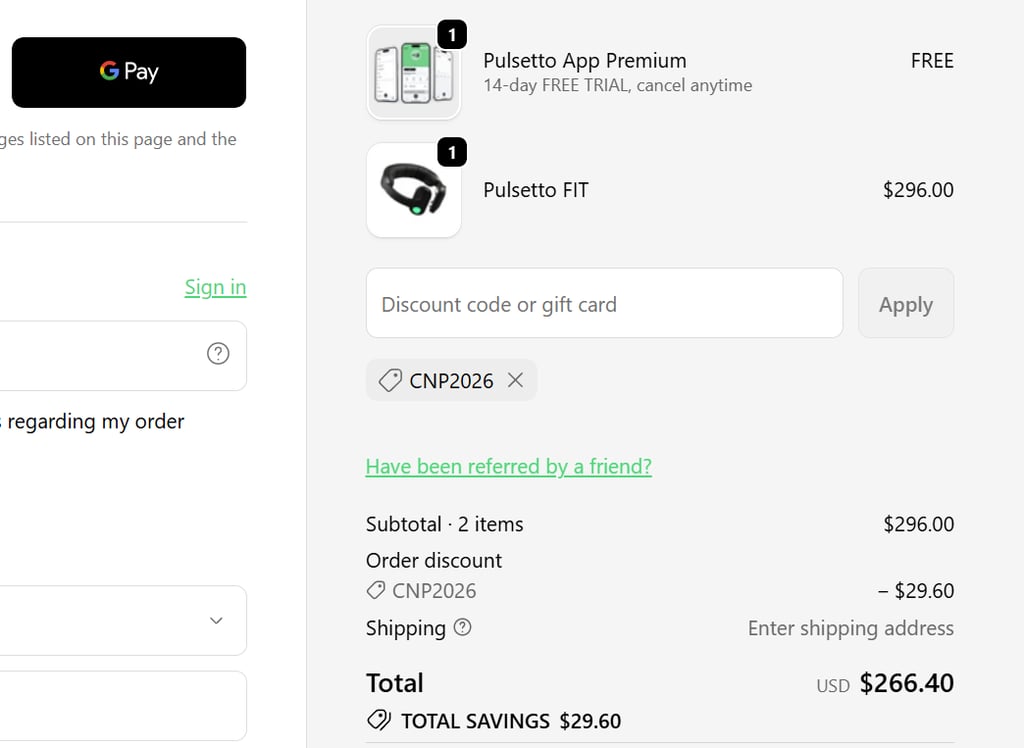 Pulsetto order summary