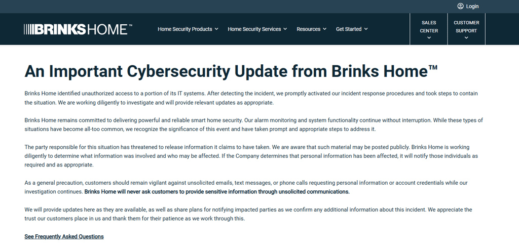Brinks Home breach statement