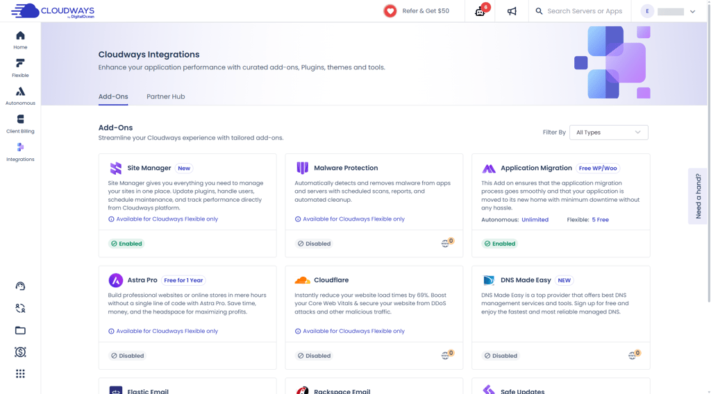 Site Manager appears within Cloudways native integrations hub