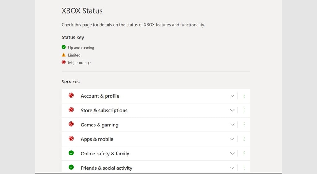 Xbox outage status page