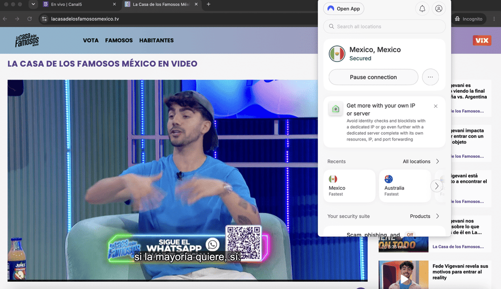 acceso a resumes de la casa de los famosos por canal 5 con Nordvpn