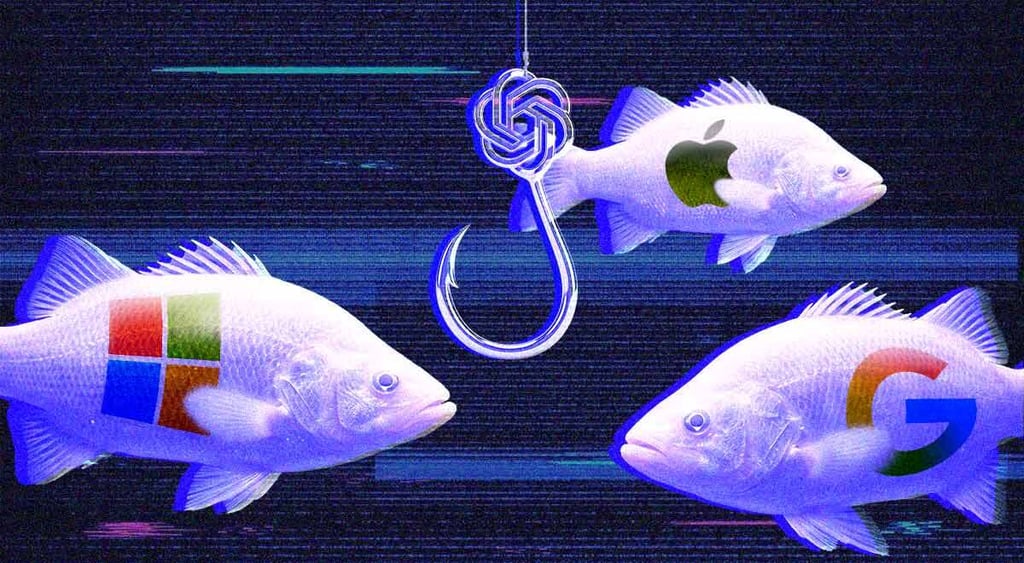 A giant fishing hook shaped like the ChatGPT logo dangling beside Microsoft, Google and Apple logos