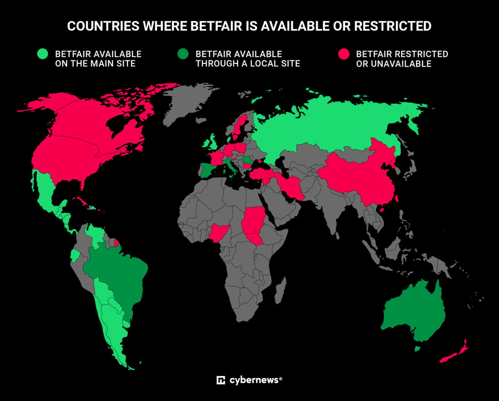 Map showing countries where Betfair is available or restricted