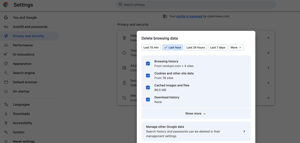 chrome delete browsing data