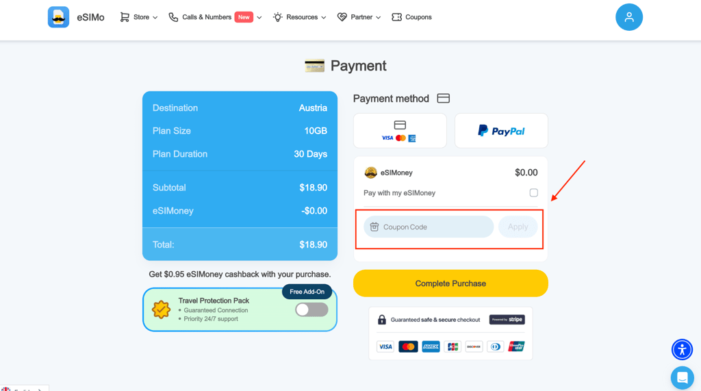 esimo enter coupon code