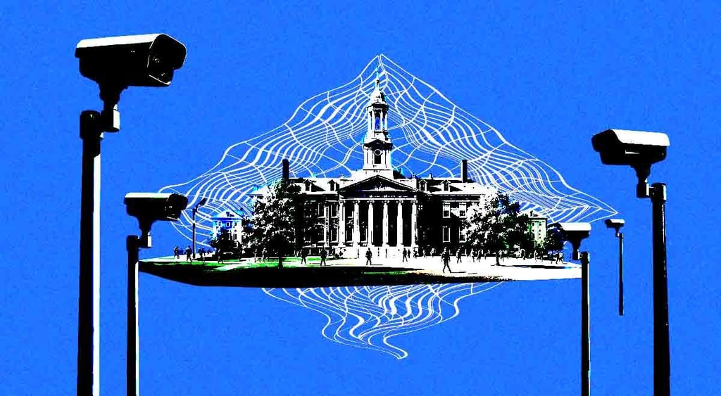 A university campus surrounded by surveillance cameras