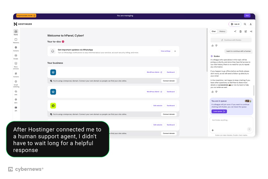 hostinger support test