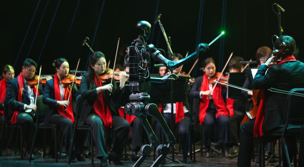 humanoid dark grey conductor, violinists, asian women, red scarfs