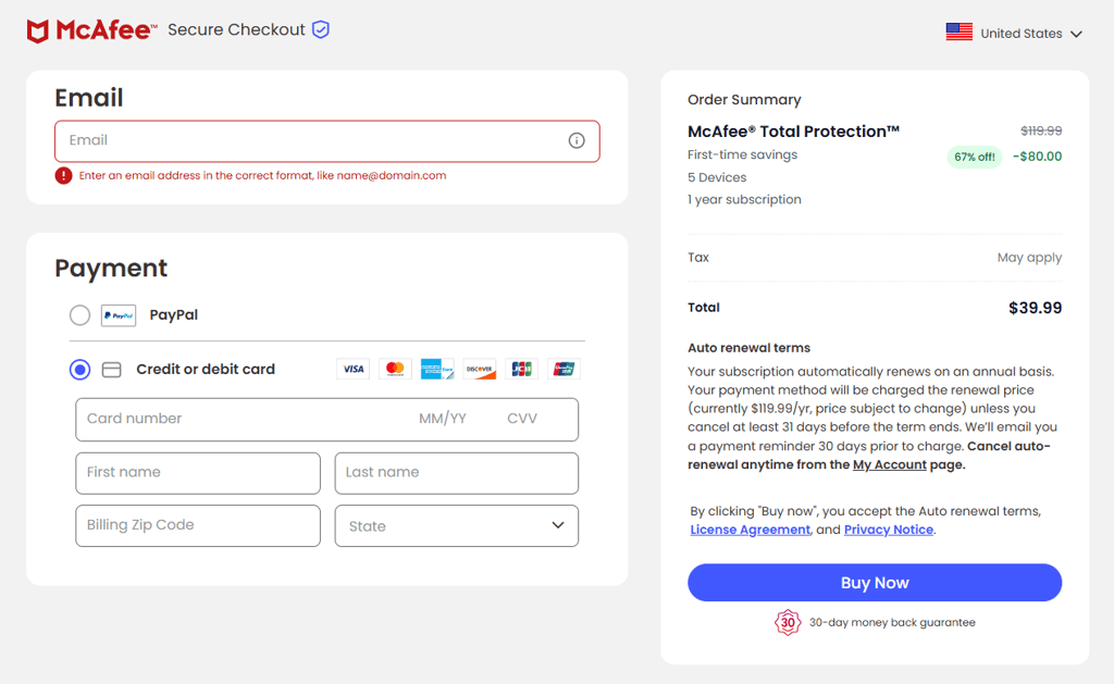 McAfee checkout page