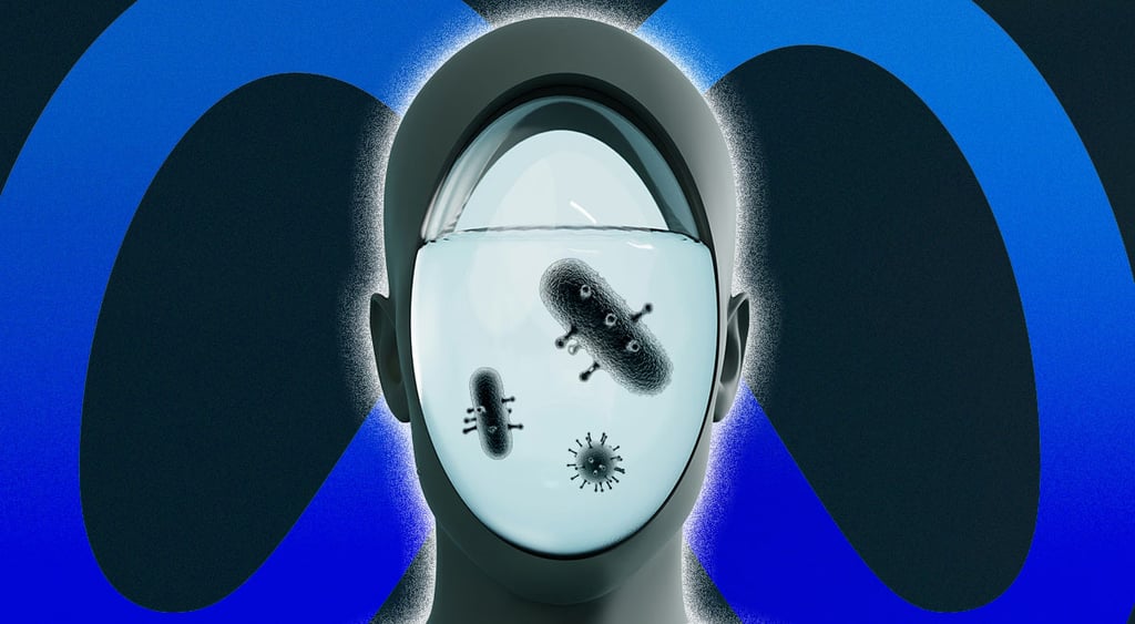 A robot's head and bacteria inside it; the logo of Meta