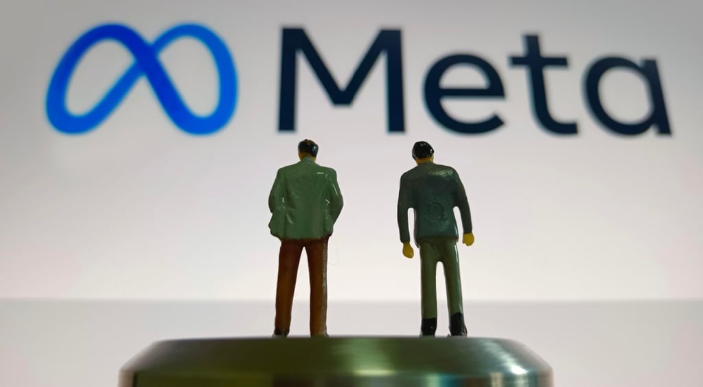 meta written in black, blue eternity symbol logo, two human figurines in suits
