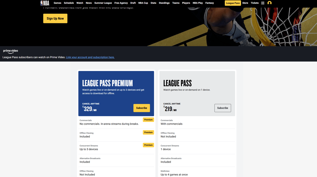 NBA League Pass prices in India