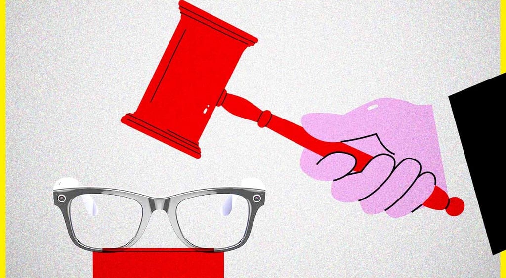 A judge's hand is about to smash a pair of smart glasses with a gavel