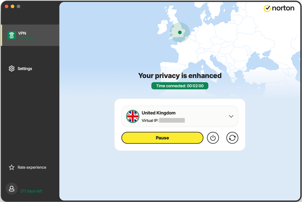 Norton VPN connected to a UK server for Betfair access from abroad