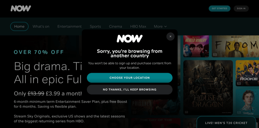 NOW displaying a geo-restriction message outside the UK