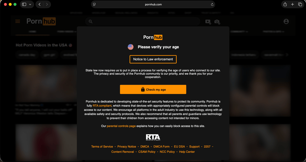 PornHub age verification window