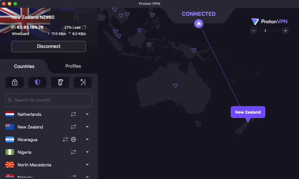 Proton VPN connected to NZ server