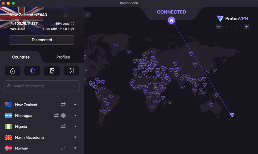 Proton VPN connected to New Zealand