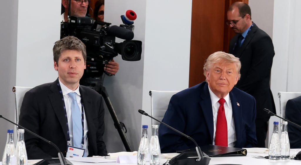 sam altman, donald trump, black suit, baby blue, red ties, white collar shirts, cameraman