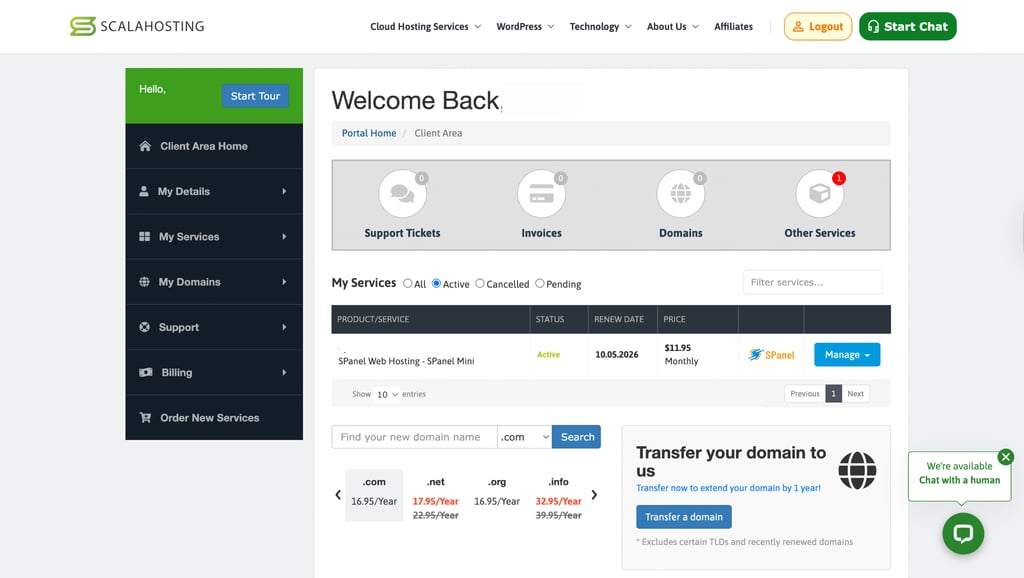 scalahosting main dashboard