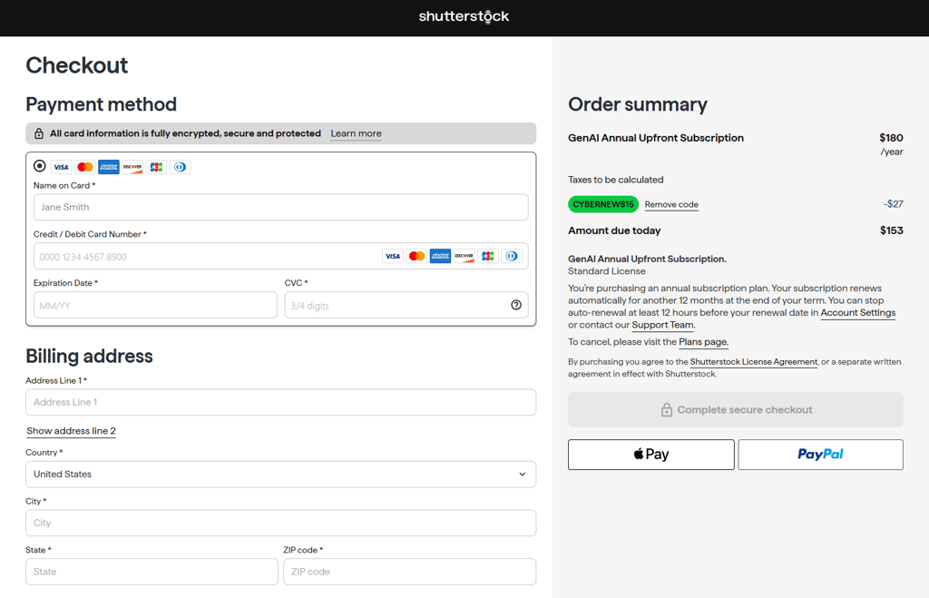 Shutterstock checkout page